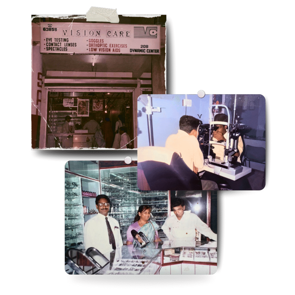 Vintage collage showing the historical journey of Vision Care - Complete optical shop in Bhopal, India. The photos include a storefront from the past, a vision test being conducted, and the team inside the optical store. This collection highlights 33 years of excellence and trusted comprehensive eye care services provided by Bhopal’s leading optical store.