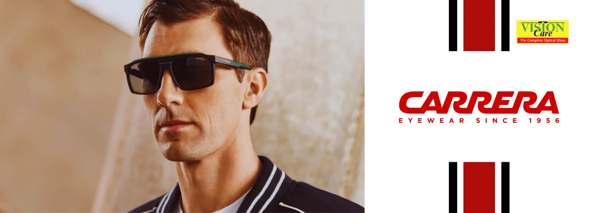 Carrera Eyewear advertisement banner at Vision Care Optical store