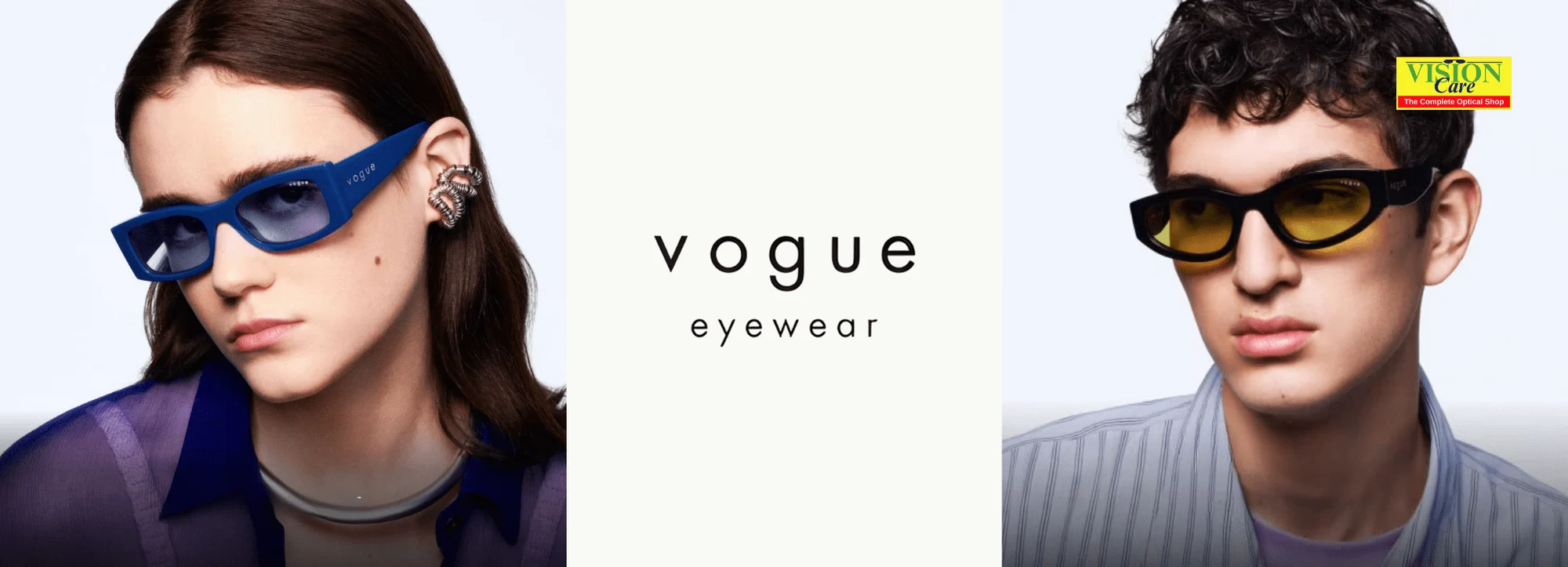 Vogue Eyewear advertisement banner at Vision Care Optical store